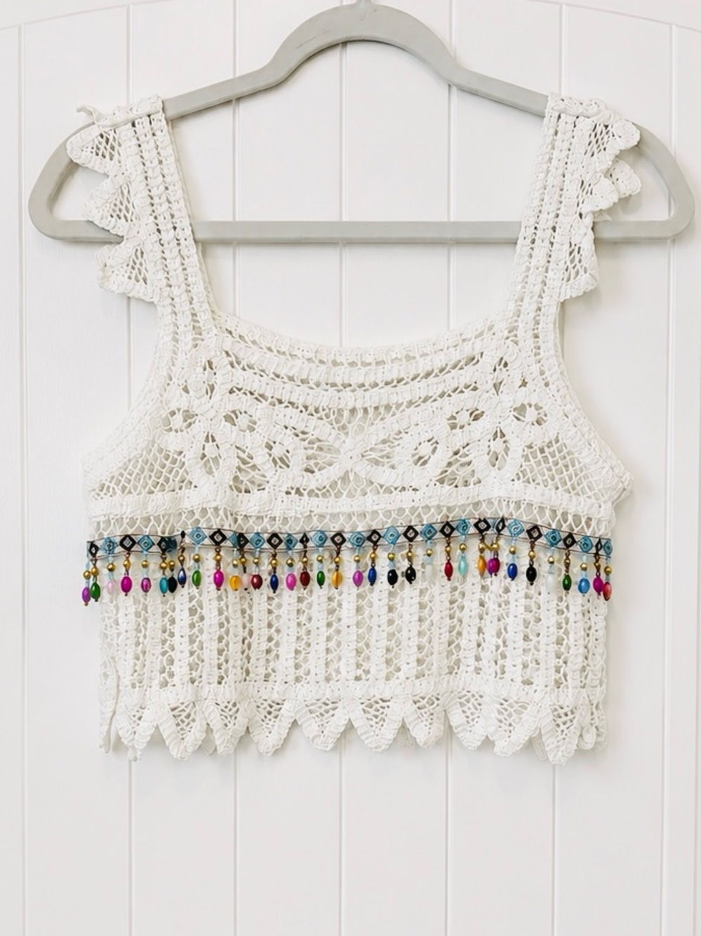 Boho Crochet Crop Top Women OS White Beaded Festival Coquette Y2K Tank